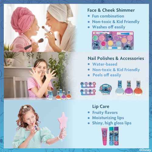 Stitch Train Case Beauty Set, Kids Makeup Kit for Girls, Real Washable Makeup Set, Play Makeup, Party Favor, Birthday, Ages 3 4 5 6 7 8 9 10 11 12 by Townley Girl