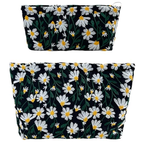 2 Pcs Makeup Bags, Large Cosmetic Bag Travel Toiletry Bag Organizer for Women, Embroidery Craft, Floral Makeup Bag Small Cosmetic Pouch Purse with Zipper Gifts for Girls Teen