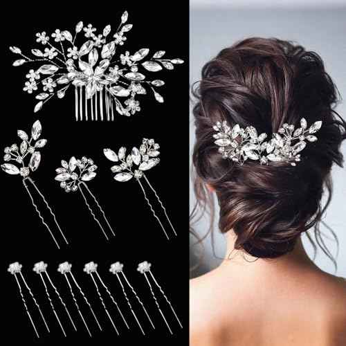 10 pcs Bride Hair Pins Rhinestone Bridal Hair Piece for Women Crystal Hair Accessories for Bride Bridesmaids Flower Girls(Silver)