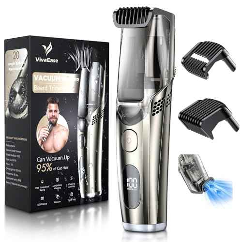 VivaEase Vacuum Beard Trimmer for Men - 90min Cordless IPX6 Waterproof/Smart Hair Collector, 2 Combs 20mm Adjustable Combs & SkinSafe Precision Blades