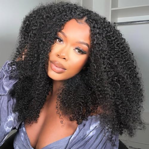 Kinky Curly Half Wig Human Hair 200 Density 3 In 1 Seamless Flip Over Half Wigs Human Hair Glueless Kinky Curly Wig Human Hair Drawstring Headband Wig for Women 20 Inch