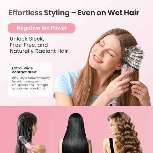 PRITECH 1000W Dual Voltage Ceramic Ionic Hair Dryer Brush,4-in-1 Hot Air Styler & One Step Volumizer for Straight & Curly Hair Salon (110-120V/220-240V),Blush Silver
