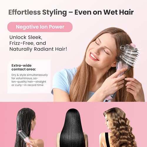 PRITECH 1000W Dual Voltage Ceramic Ionic Hair Dryer Brush,4-in-1 Hot Air Styler & One Step Volumizer for Straight & Curly Hair Salon (110-120V/220-240V),Blush Silver