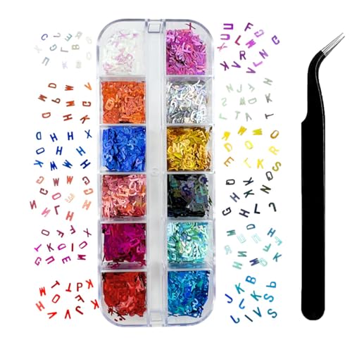12 Colors Letter Nail Glitter Sequins 3D Holographic Alphabet Nail Flakes Designs, Letters Nail Art Sequins Supplies for Women Girls Acrylic Nails Manicure Charms Decorations DIY Shiny Letter Resin¡¦