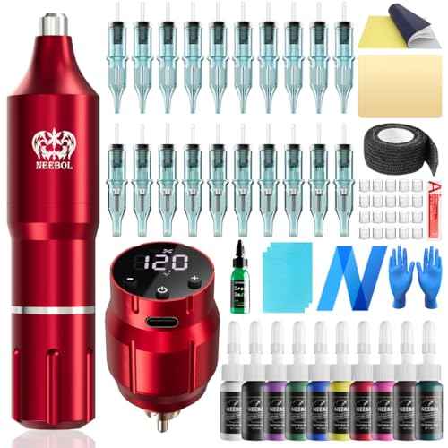Neebol Wireless Tattoo Gun Kit, Rotary Tattoo Pen with 1500mAh Battery, Screen Display, 20 Cartridge Needles, 10 Inks, Complete Tattoo Gun Kit for Beginners and Professionals, Cordless Machine, Red