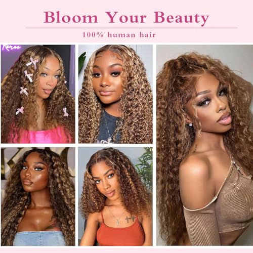 16Inch Highlighted Deep wave Lace Front Wig Human Hair Honey Blonde Highlight Deep Wave Wigs Human Hair 4/27 Curly Highlighted Wig for Black Women Pre-Plucked 180% Ombre Curly Wigs Glueless