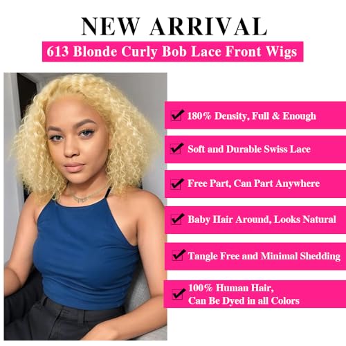 12 Inch 613 13x6 Lace Front Wigs Human Hair Blonde Bob Human Hair Wigs Short Curly Bob Wigs for Black Woman Glueless 613 Frontal Wigs Pre Plucked With Baby Hair 180% Density