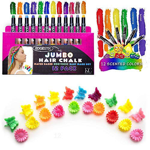 Hair Chalk for Kids Jumbo Hair Chalk Sticks Washable Hair Color Temporary Dye for Girls Safe Scented Rainbow Metallic Glitter Hair Birthday Cosplay DIY Halloween Christmas Gift 12 Colors