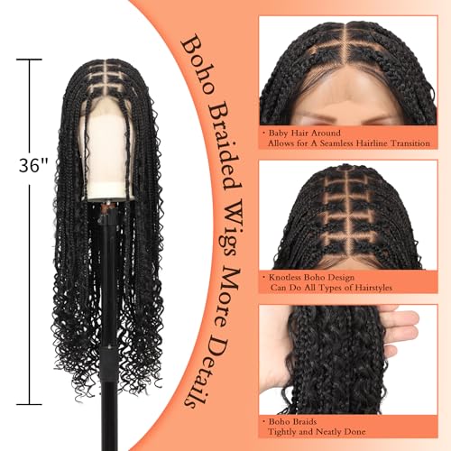 Brinbea Knotless Boho Braided Wigs 13x8'' HD Lace Front Braided Wigs for Women Box Braid Wig with Baby Hair Black Long Premium Synthetic Braided Lace Front Wigs 36 Inch