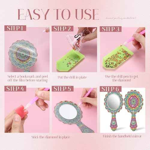 4 Pcs Diamond Painting Mirror Handheld Kits Valentine Christmas Art Gifts Compact Decorate Your Own Mirror for Hand DIY Crafts