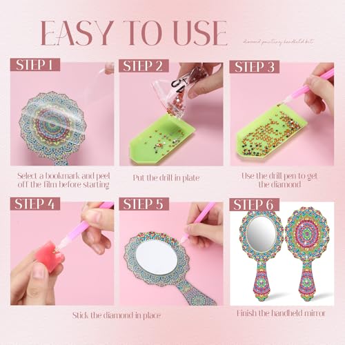 4 Pcs Diamond Painting Mirror Handheld Kits Valentine Christmas Art Gifts Compact Decorate Your Own Mirror for Hand DIY Crafts