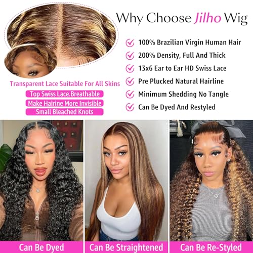 Water Wave Lace Front Wigs Human Hair 13x6 Ombre Honey Blonde Frontal Wig 200 Density P4/27 Highlight Colored Curly Wet and Wavy Lace Front Wigs Glueless Pre Plucked with Baby Hair (22 Inch)