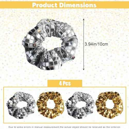 4-Pack Disco Scrunchies, 3.94 Inches Sparkly Sequin Scrunchies Set for Women, Gold Silver