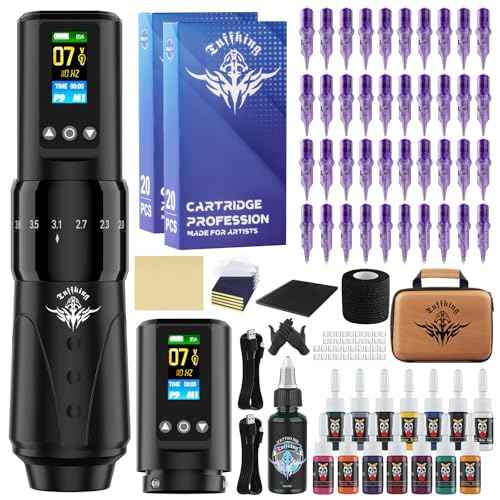 Wireless Tattoo Gun Machine Kit - Professional Rotary Tattoo Pen Set, Complete Beginners Tattoo Supplies with 2Pcs 1,600mAh Batteries, 40Pcs Cartridge Needles for Starter, Artists