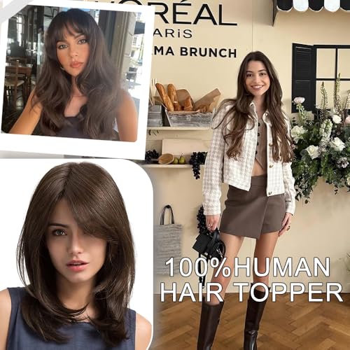 Hair Toppers for Women Real Human Hair,360¡Æ3D Big Basement Cover Topper for Women with Thinning Crown with Wispy Clip in Bangs Realistic Scalp (1B, 3D Wispy Bangs 14INCH)