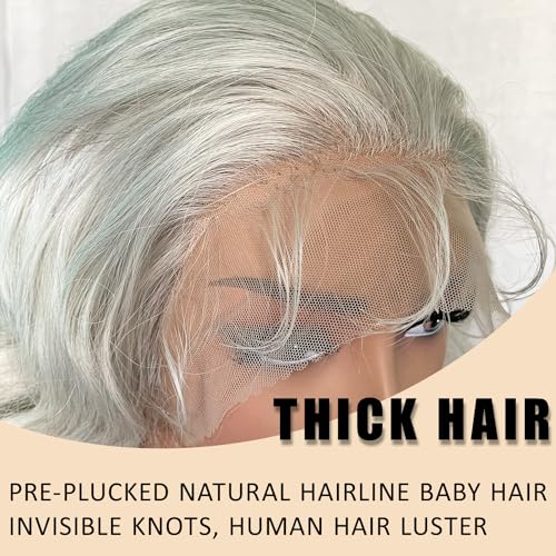 SOKU 13x6 Lace Frontal Wig 32 Inch Sliver Color Boby Wave Pre-plucked Hairline with Baby Hair Transparent Lace Heat Friendly Synthetic Light Grey Lace Front Wavy Wigs for Women Christmas Gift