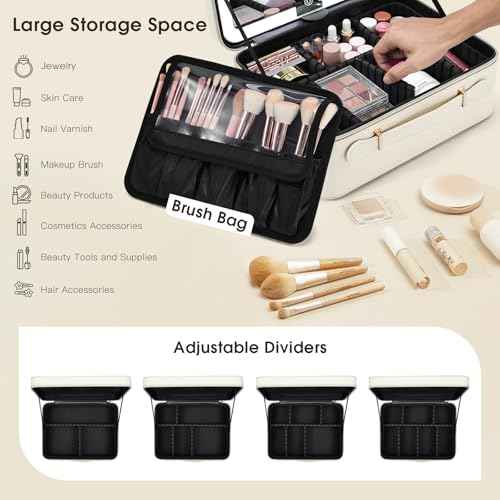 Leather Makeup Case with LED Lighted Mirror 11.4 Inch Travel Makeup Bag Adjustable Brightness in 3 Colors Cosmetic Organizer Artist Storage Bag with Dividers Brush Holder Bag Vanity White