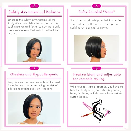 Exotic Bob Wig for Black Women - Snug Fit Cap, Handcrafted Airy Bangs, Seamless Lace Front, Asymmetrical, Rounded Nape, Glueless, Hypoallergenic, Heat Resistant (Natural Black)