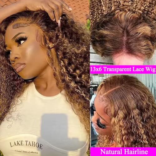 Highlight Honey Blonde Deep Wave Lace Front Wig 13¡¿6 Ombre P4/27 Highlight colored Lace Front Wigs Human Hair Pre Plucked Bleached Knots 200% Density (13x6 Honey Deep, 18 inch)