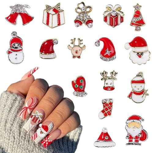 Christmas Nail Charms 3D Snowman Reindeer Bell Santa Nail Rhinestones Shiny Christmas Tree Gloves Hat Gift Box Design Nail Gems Jewelry Cute Elk Nail Charms for Women Acrylic Nail DIY Supplies 16Pcs