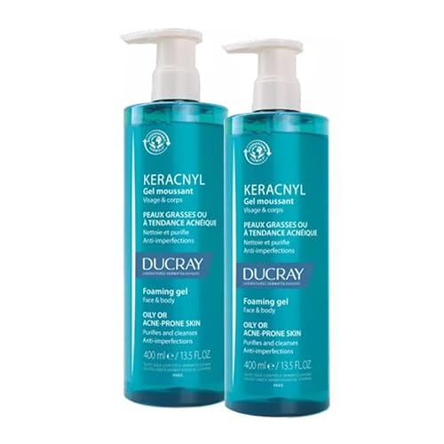 Ducray Keracnyl Foaming Gel 400ml Face and Body Hygiene of Oily Skins with Acne Tendency (Packed of 2)
