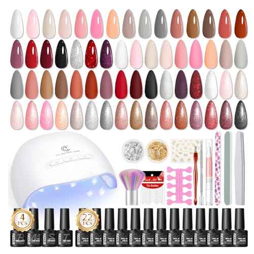 Peacecolor 39pc Gel Nail Polish Kit with U V Light, Pink Brown Nude Dark Red 22 Colors Pastel Gel Polish Kit with Base Top Coat Matte Glossy French Nail Art for Beginners Manicure DIY