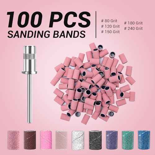 MelodySusie 100 Pcs Nail Drill Bits Sanding Bands for Nail Drill 180 Fine Grit Nail File Sanding Bands for Acrylic Nails Gel Manicures and Pedicure