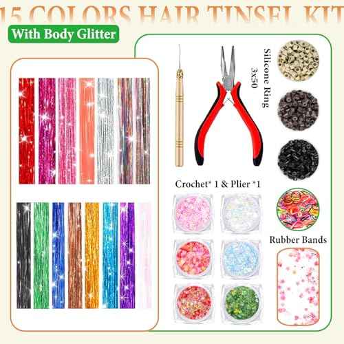Hair Tinsel Kit With Body Glitter 15 Colors 48 Inch 4500 Strands Glitter Tinsel Hair Extensions With Tools Fairy Hair Accessories, Suitable for Festivals and Daily Use (15 Colors Hair Tinsel Kit)