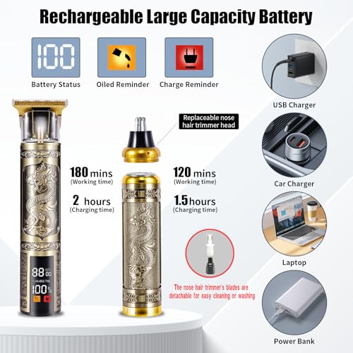 Professional Hair Clippers for Men,T-bar Trimmer and Cordless Electric Shaver, Nose Hair Trimmer, Men's Hair Clipper and Shaver Set, Rechargeable Home Hair Cutting Tools