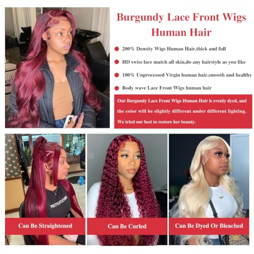 ABALON 99j Burgundy Body Wave Lace Front Wigs Human Hair Wine Red 13x4 HD Lace Frontal Wigs Human Hair Pre Plucked 200% Density Glueless Wigs for Women 20 Inch