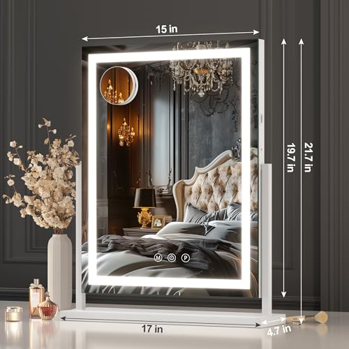 Hasipu Vanity Mirror with Lights, Lighted Makeup Mirror with 10X Magnification, Dimmable 3 Modes, Touch Screen Control, Led Makeup Mirror 17 x 22 Inch