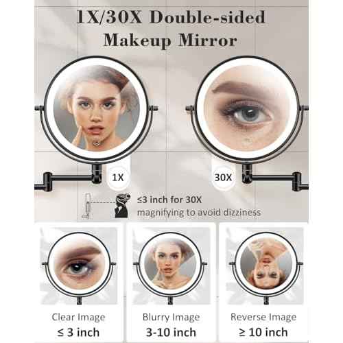 30X/1X Wall Mounted Lighted Makeup Mirror, 9'' Height Adjustable Double Sided 5000mAh Rechargeable Magnifying Bathroom Mirror with Light, 3 Color Modes Touch Dimmable Extended Arm 360 Rotation