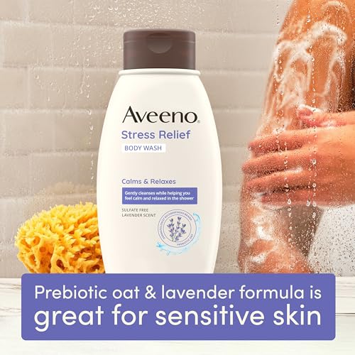 Aveeno Stress Relief Gift Set, Skincare Set for Sensitive Skin with Soothing Body Wash & Moisturizing Body Lotion, plus, Skin Relief Repairing Hand Masks for Very Dry Skin, 3 Items