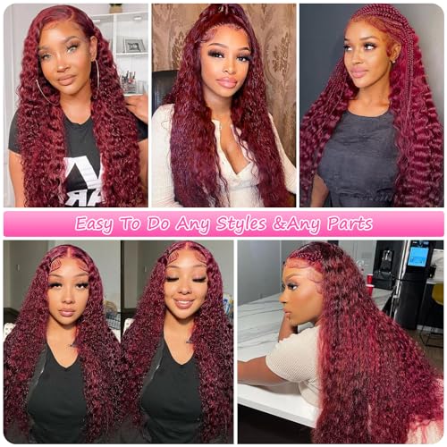 DJFG Deep Wave Lace Front Wigs Human Hair Curly Wig Human Hair HD Frontal 200 Density 13x6 Lace 99j Burgundy Red 18 Inch