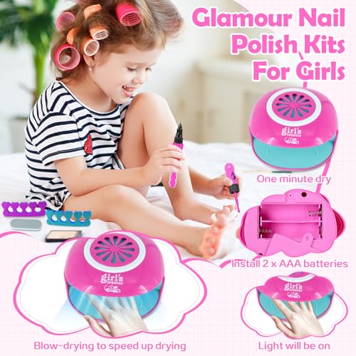 Kids Nail Polish Set for Girls,Kids Nail Art Kit for Girls Ages 7-12 Years Old Cool Girly Gifts with Nail Polish, Pen, Nail Dryer, Stickers, Glitter, Makeup Gift for Birthday