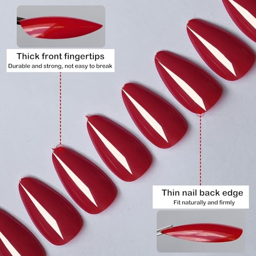 LoveOurHome 240pc Christmas Almond Press on Nails Medium Fake Nail Tips Burgundy Acrylic Nails Press ons Nail Almond Glue on Nail Short Stiletto Fingernail & Glue Adhesive Tabs for Women Girls Kids
