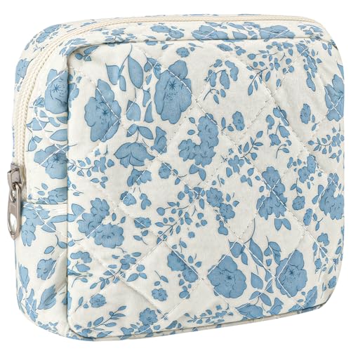 ZLFSRQ Small Quilted Makeup Bag for Purse Mini Flower Quilted Pouch Cute Cotton Makeup Bag with Compartments Aesthetic Cosmetic Bags for Women Coquette Zipper Lipstick Pouch Travel Essentials