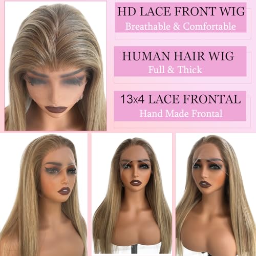 Balayage Ash Blonde Wig Human Hair Glueless 13x4 Lace Front Wigs Pre Plucked 18 Inch Straight Ash Brown to Ash Blonde with #60 Blonde Highlight Wig 180% Density