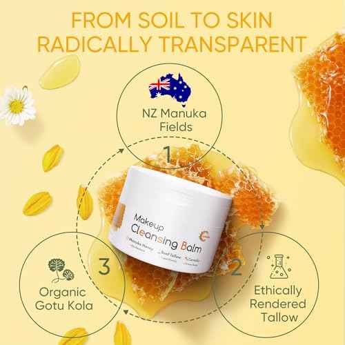 Grocerism Makeup Remover & Cleansing Balm with Manuka Honey & Centella Asiatica, Soothing Cleansing Balm with Beef Tallow for Dry, Sensitive Skin, Deep Cleanse & Moisturize, 3.53 Oz Organic Skincare