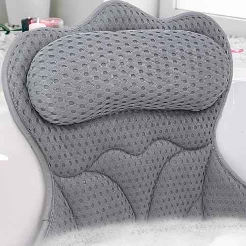 REEZEIVI Bath Pillows for Tub,Bath Pillow with 6 Non-Slip Suction Cups,Soft 4D Mesh Fabric,Bathtub Pillows for Tub Neck and Back Support,Extra Thick Luxury Bathtub Pillows,Grey