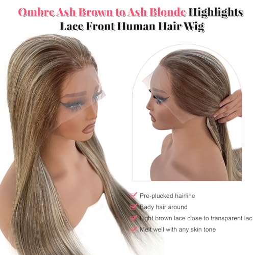 Smartinnov Ash Brown Highlight Lace Front Wig Human Hair Ombre Blonde 13x4 HD Transparent 16Inch 150% Density Ash Blonde Mixed Chestnut Brown Balayage Pre Plucked Brazilian Remy Hair Wigs for Women