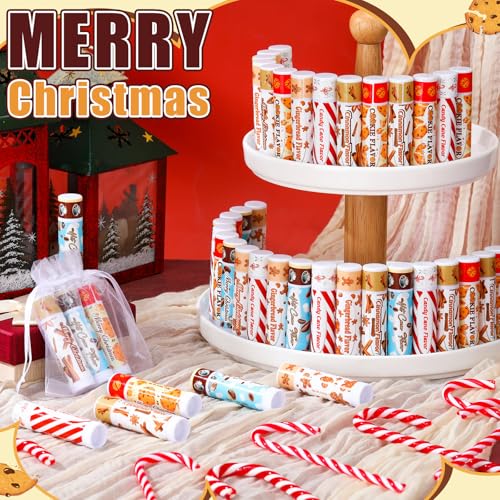 50pcs Christmas Peppermint Candy Flavor Lip Balms Gift Bulk Candy Gingerbread Hot Cocoa Cookie Cinnamon Flavor Lip Balm Christmas Party Gift Stocking Stuffer for Coworker Staff Employee (Cute)