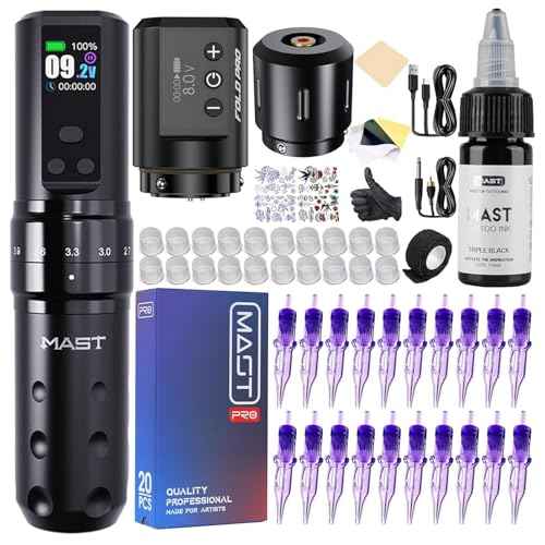 Mast Fold2 Pro Tattoo Kit, Cordless Complete Tattoo Gun Machine Kit, 2 Batteries 2000mAh Power Supply for Long Time, Needles Cartridges Black Tattoo Ink Kit (Black)