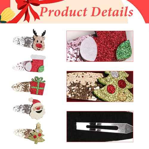 5pcs Christmas Hair Clips for Girls, Cute Reindeer Hair Clips Sparkly Sequins Hairclips Glitter Santa Clause Hair Barrettes Snap Clips, Christmas Hair Accessories Party Favors Gifts for Girls Toddlers