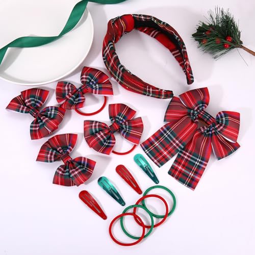 14PCS Christmas Headband Hair Bows for Women Girls Red Plaid Hair Clips Red Green Xmas Hair Ties Holiday Hair Accessories Christmas Party Gifts