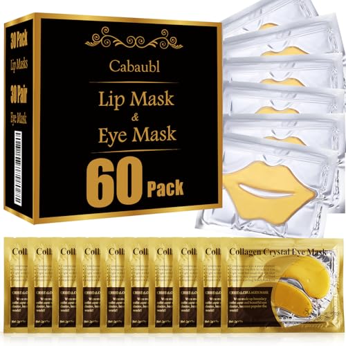 60 Pcs Lip Masks & Eye Masks,Gold Lip Masks,Gold Under Eye Patches for Puffy Eyes and Dark Circles,Collagen Lip Mask Sheet,Moisturizing Lip & Eye Masks Skincare for Dry Lip,Reducing Fine Lines