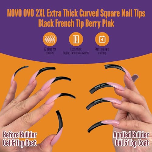 NOVO OVO Halloween Black XXL Curved Square French Tip Nail Tips Press on BERRY PINK, Full Cover Extra Thick Long XL Acrylic Hawk Curve Fake Extension Kit, Need Top Coat for Salon DIY 12 Sizes 144 pcs