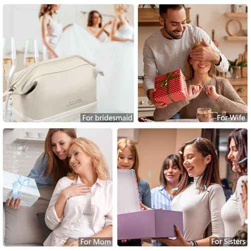 GRINKO Travel Makeup Bag, Large Capacity Toiletry Bag, Portable Pouch Cosmetic Bags for Women, PU Leather Waterproof Make up Organizer Apricot