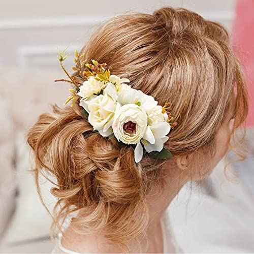 Cinaci 4 Pack Large Artificial Flower Metal Hair Side Combs Floral Slide Hair Clips Wedding Bridal Headpieces Hairpins Barrettes Decorative Hair Comb Bun Accessories for Women Girls Brides Bridesmaids