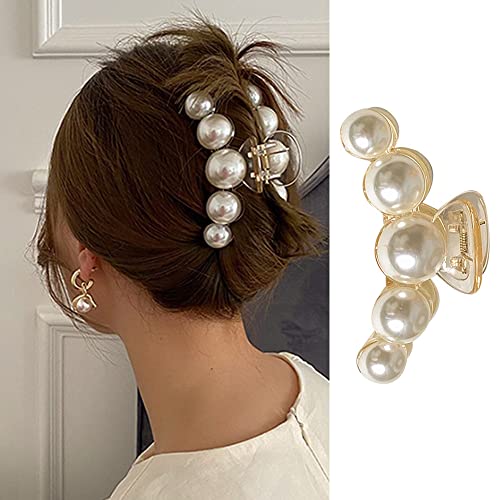 Large Pearl Hair Claw Clips for Strong Hold - Nonslip Champagne Color Hair Jaw Clips for Thick/Thin Hair, Daily Fashion, Birthdays, Weddings - Women's Hair Clip Accessories